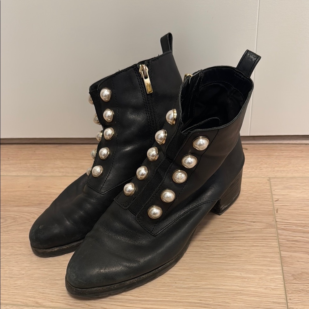 Black Leather Ankle Boots with Pearl Studs